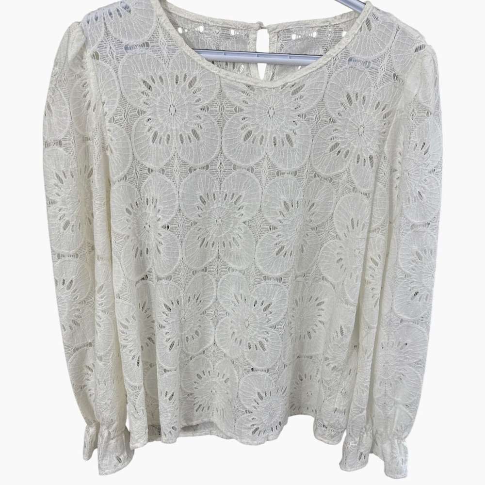 CUPSHE White Floral Lace Blouse Long Sleeve Ruffle Cuff Top CAA04D2F027CC Large